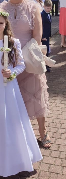 COAST koktajlowa sukienka tiulowa midi zgaszony róż falbanki r. 44-46