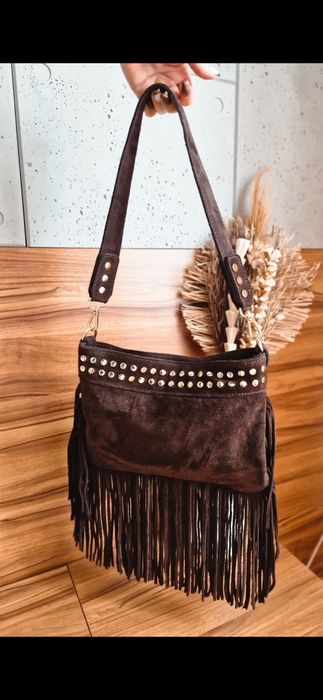 Czekoladowa torebka listonoszka skóra zamsz fredzle Varlesca chicaca