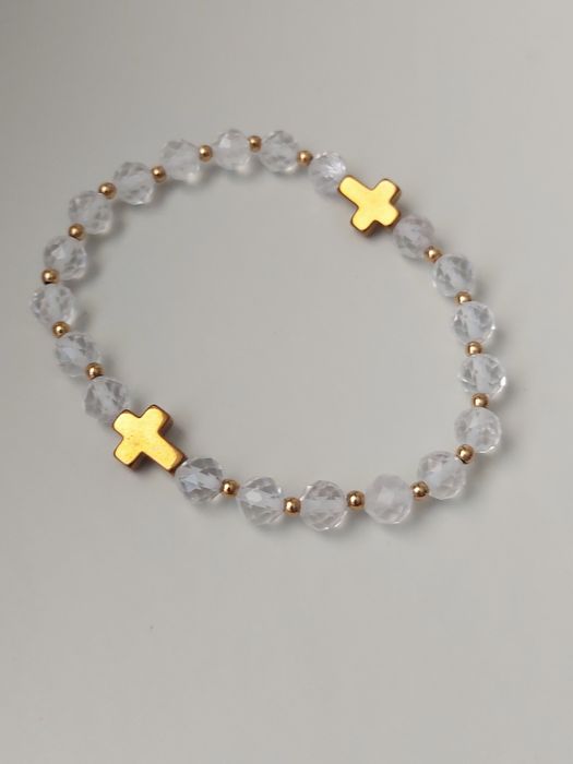Bransoletka różaniec z kamieni kryształ górski hematyt krzyżyk złoty