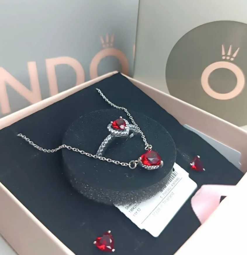 Комплект Pandora Червоне серце — кільце і цепочка срібло 925 проби