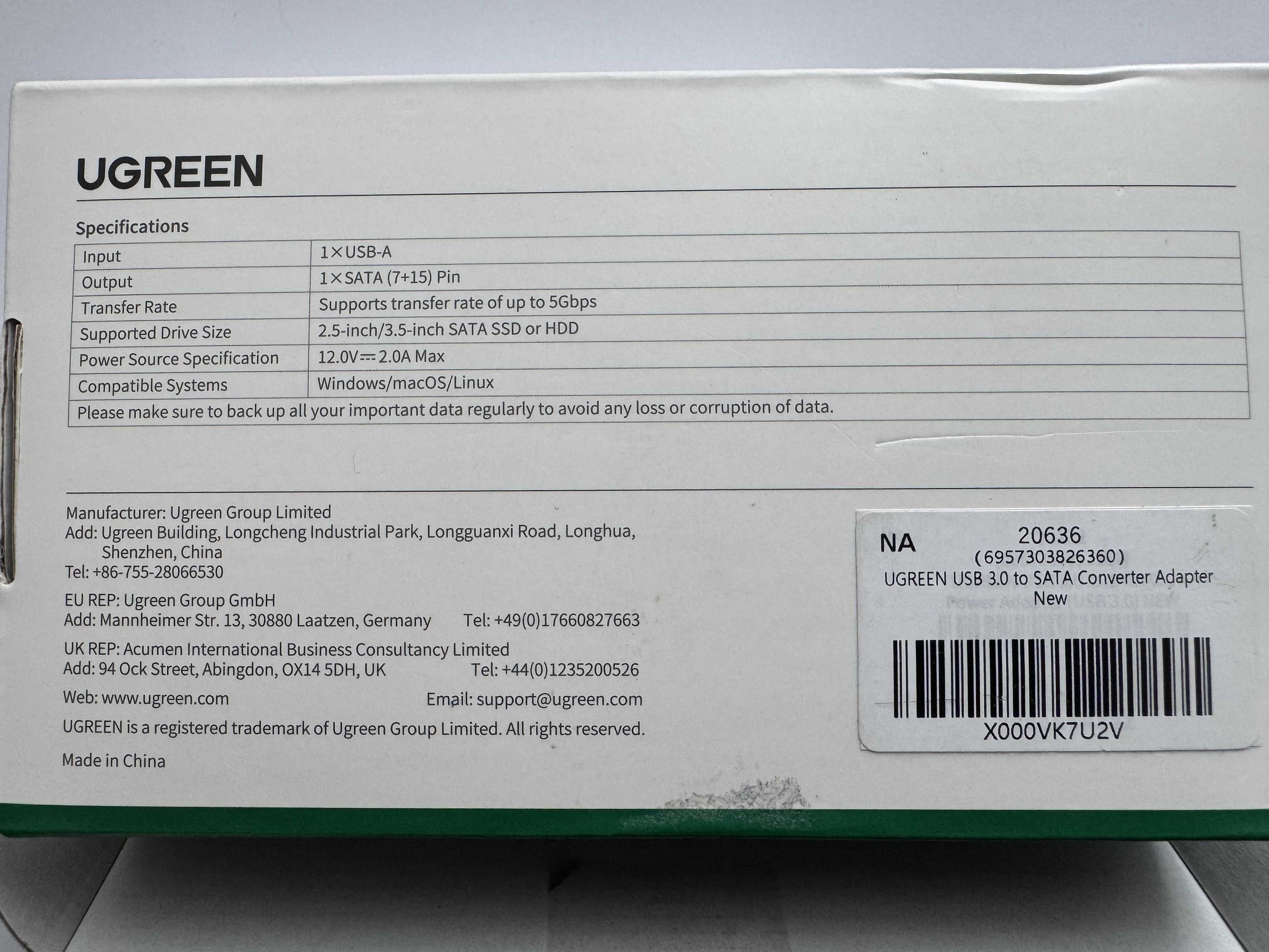 Кабель-адаптер UGREEN USB 3.0-SATA для 2,5"/3,5" жорсткого диска Black