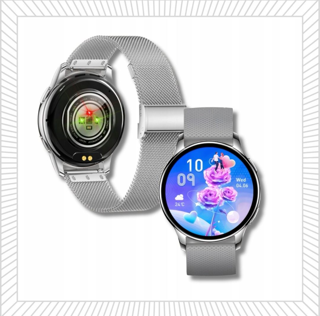 Damski SMARTWATCH Zegarek Funkcja Rozmowy Srebrny Okrągły Polskie Menu