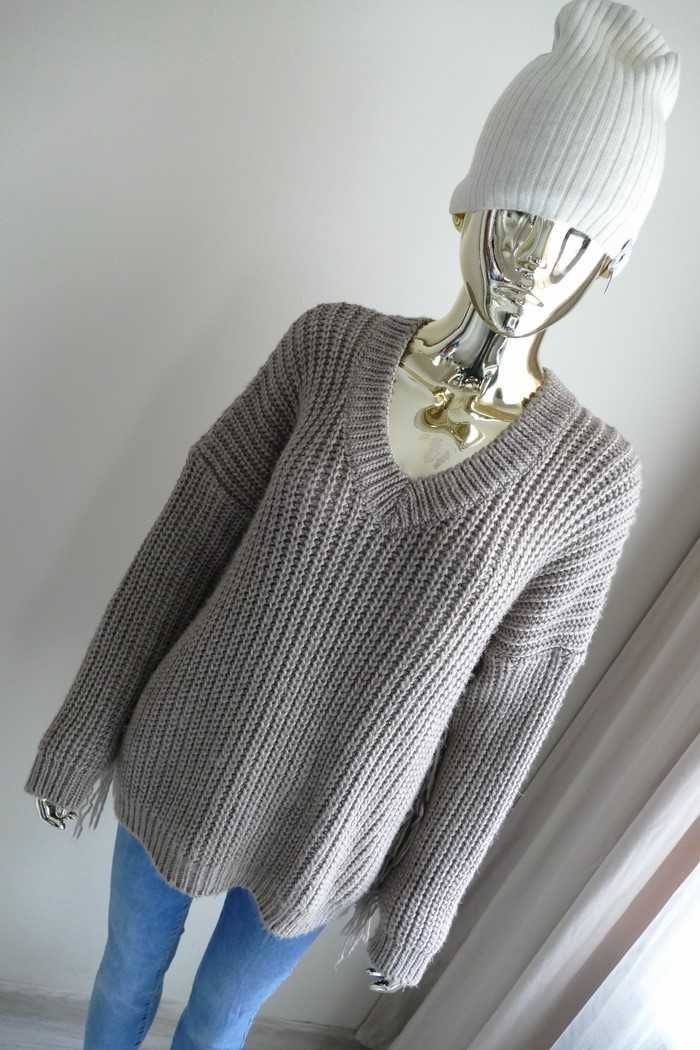 LOCI nowy sweter Frędzle -  wełna - splot - oversize beżowy Uni