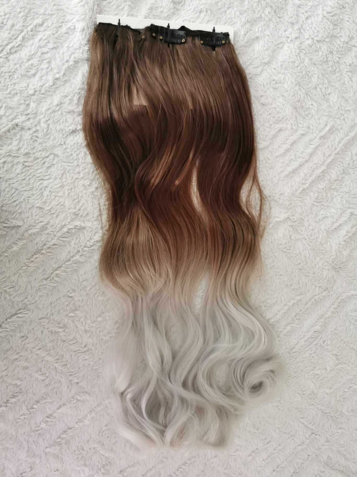Doczepiane włosy clip in 65 cm ombre brąz srebro
