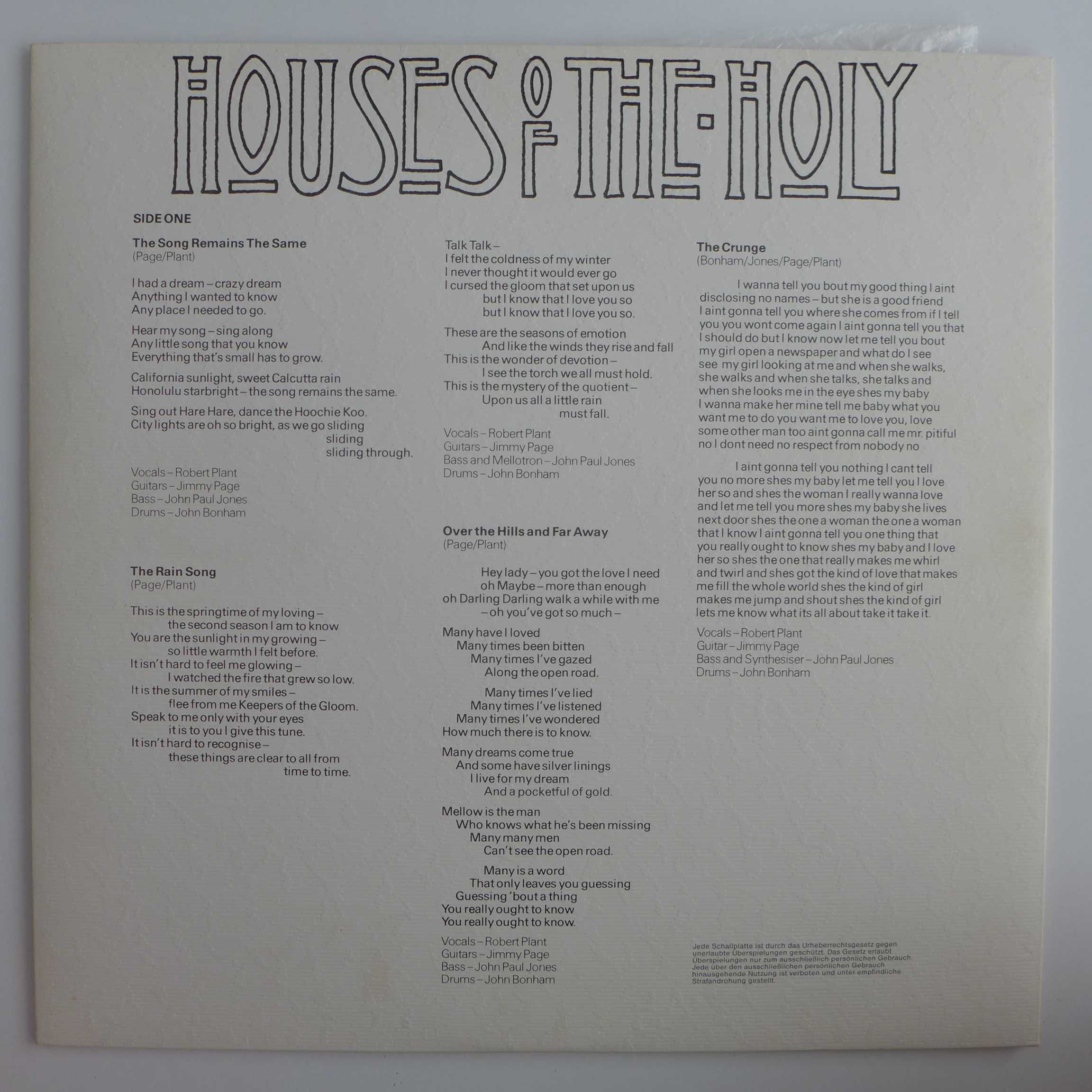 Led Zeppelin – Houses Of The Holy winyl Ger 1973 VG+