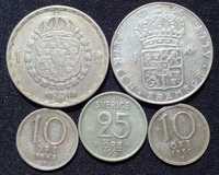 Монети Швеції: 1 крона 1948, 1956, 25 ере 1957, 10 ере 1948, 1950.
