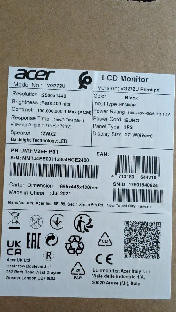 Monitor Acer VG272U P stan bdb gwarancja