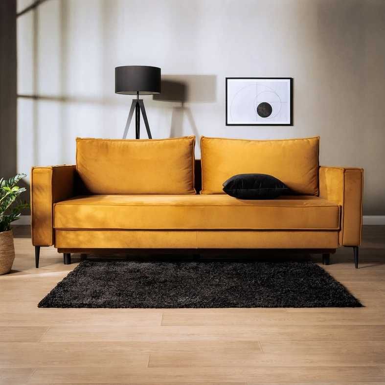 Stylowa sofa musztardowa z funkcją spania i pojemnikiem na pościel