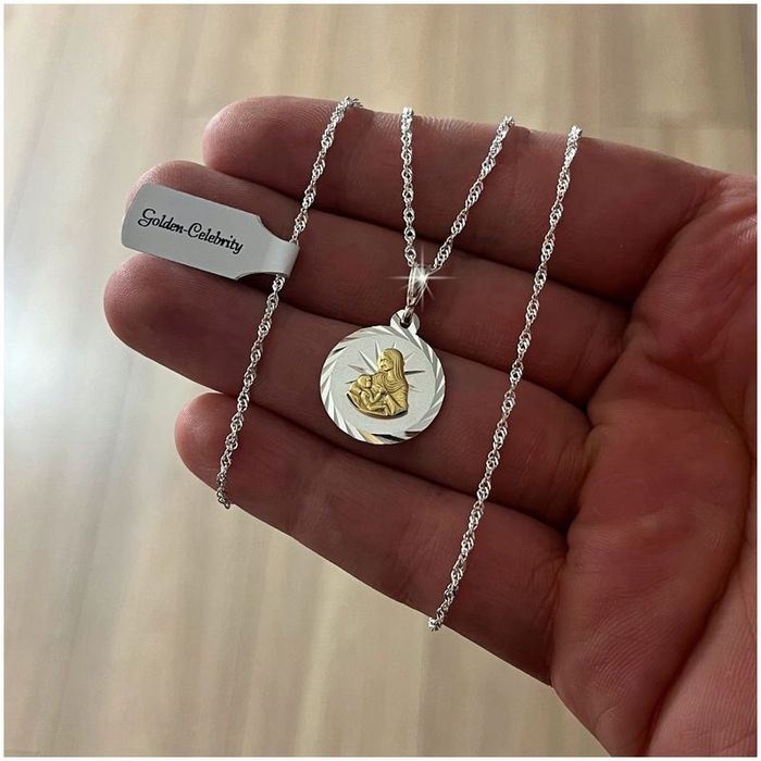 Srebrny Łańcuszek Pozłacany Medalik Matka Boska 925 Prezent Komunia Gr