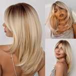 Piękna peruka blond ombre, średniej długości fale, grzywka