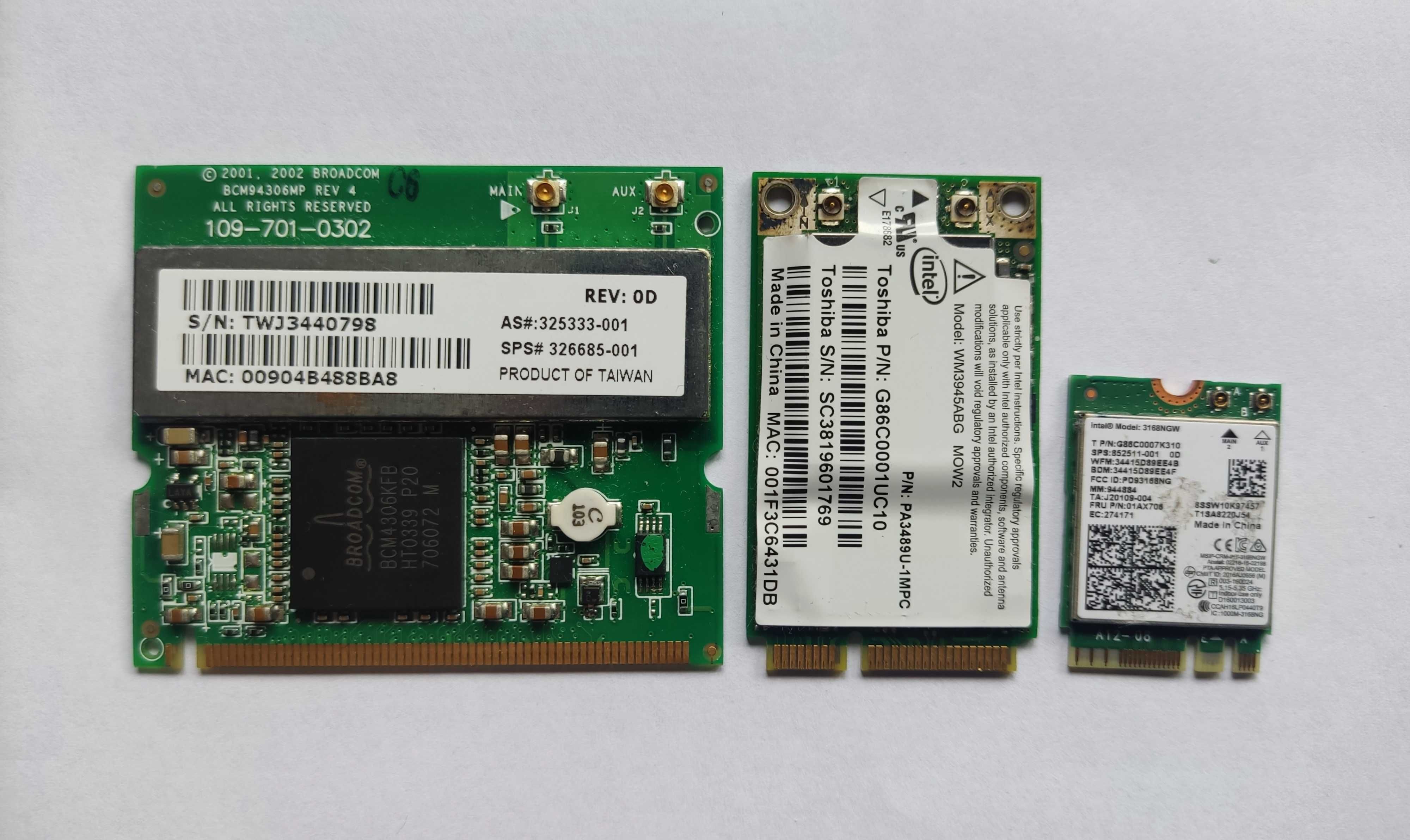 Karty WiFi Broadcom BCM94306MP+ANATEL PA3489U-1M8PC+Intel 3168NGW