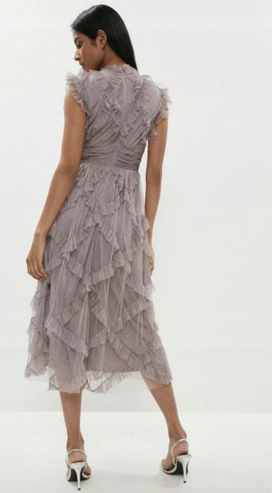 COAST koktajlowa sukienka tiulowa midi zgaszony róż falbanki r. 44-46