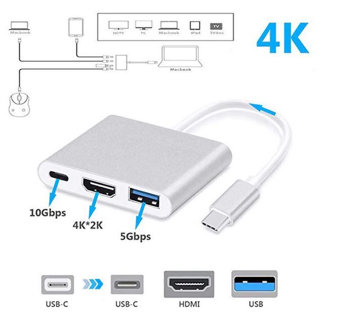 Adaptador Tipo C | 3 em 1 | HDMI 4K | USB 3.0 | USB-C