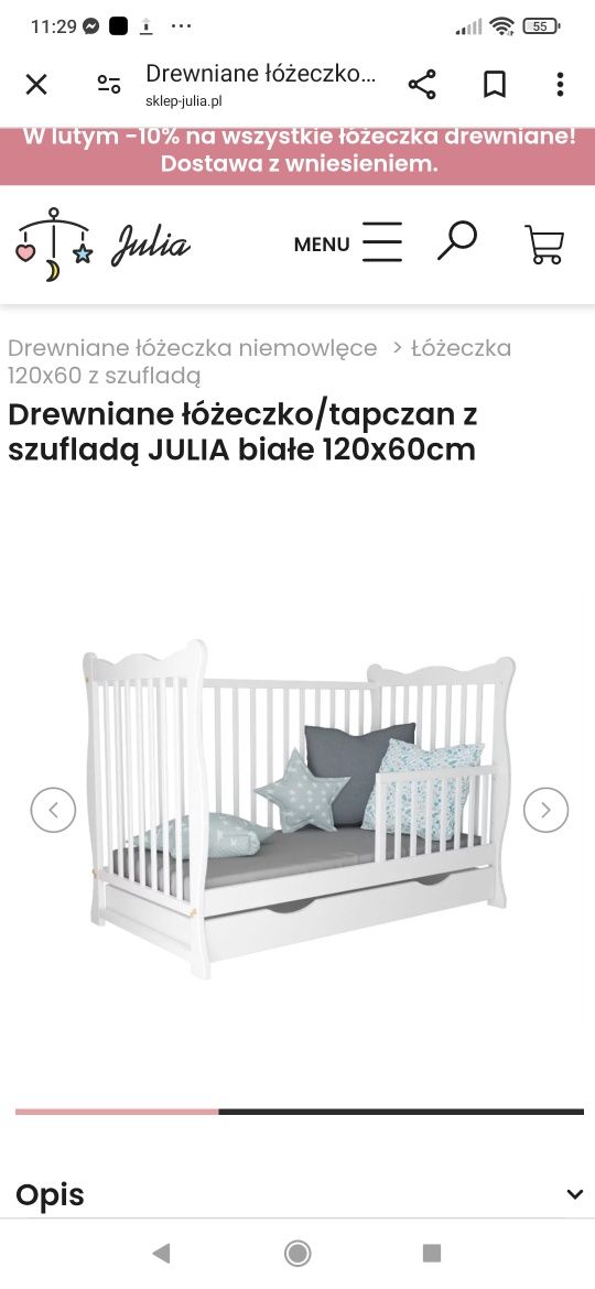 Łóżeczko drewniane białe JULIA 120/60, materac, prześcieradło,przyborn