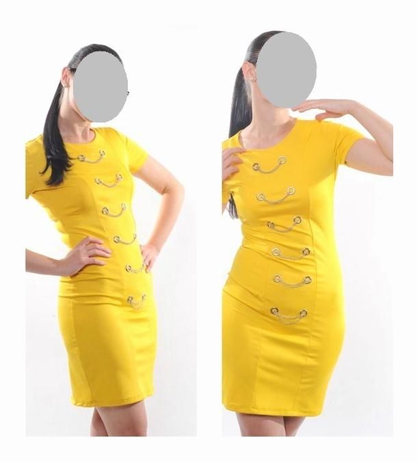 Żółta Sukienka 36 S łańcuchy kółka print ołówkowa dżety napy elegancka