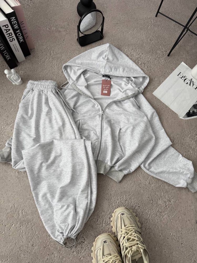 Жіночий костюм штани і худі кофтазіпка сірий Oversize 42-46 двохнитка