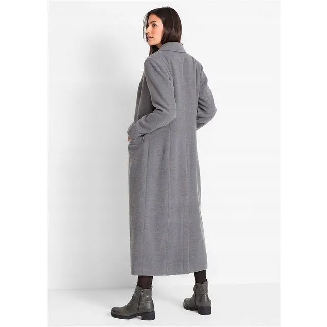 Bonprix Elegancki Szary Długi Plaszcz Kołnierz Guziki Kieszenie 46