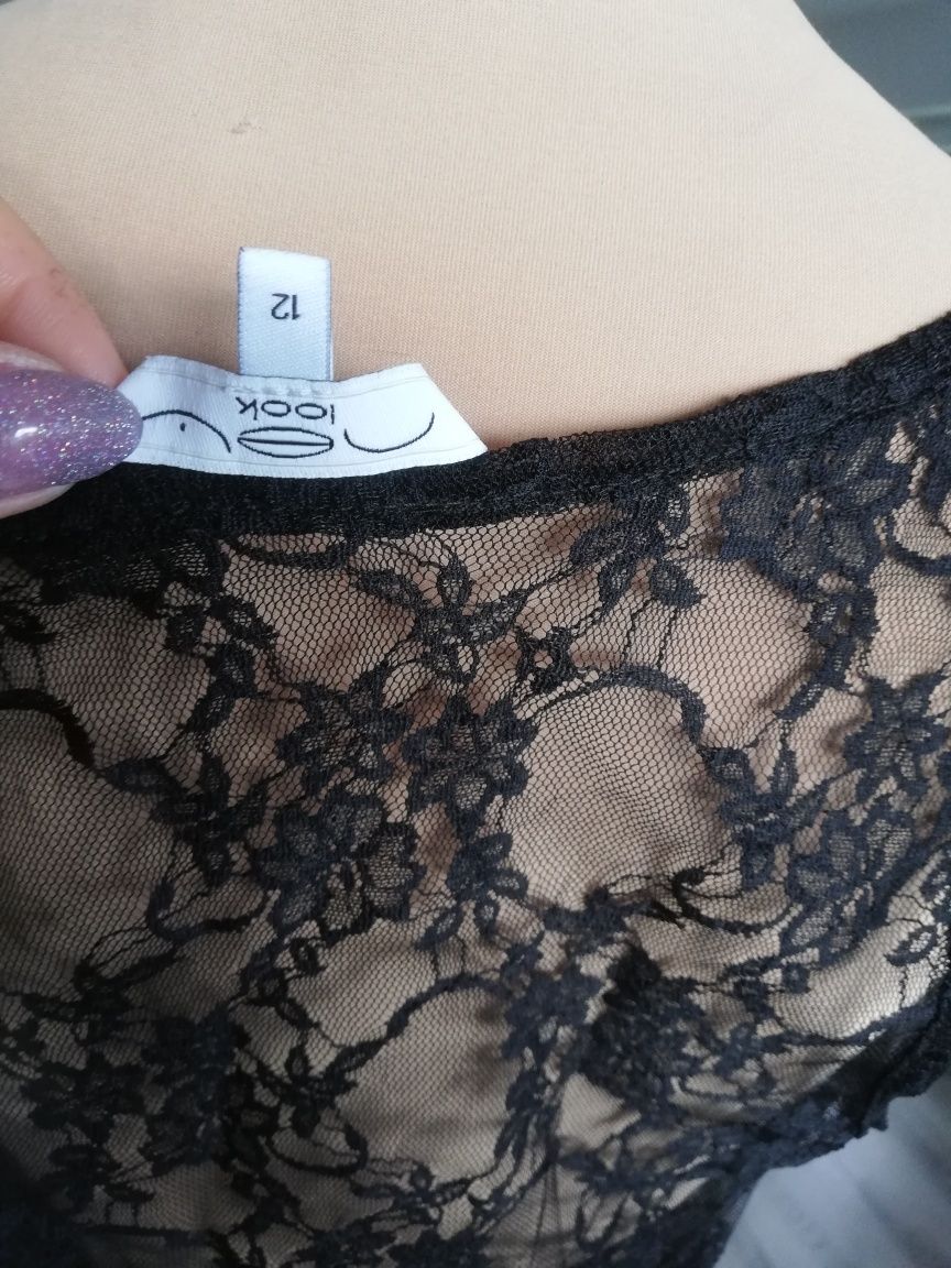 R. 40 New look czarny koronkowy wiązany top odkryty pępek