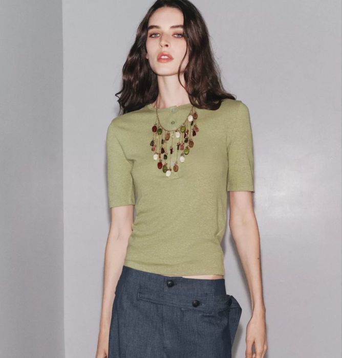 Лляне поло на гудзики, льняне поло жіноче, оливкова футболка Zara льон