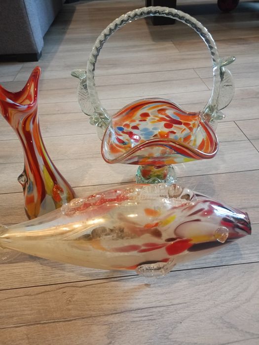 Kolorowe szkło artystyczne, zabytkowe- komplet 3 szt, dekoracja salonu