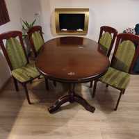 Stół drewniany rozkładany z krzesłami tapicerowanymi drzewo