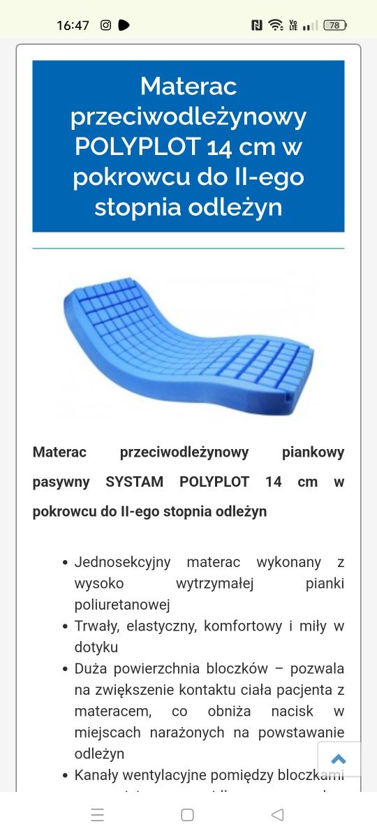 Materac przeciwodleżynowy POLYPLOT 14 cm w pokrowcu do II-ego stopnia