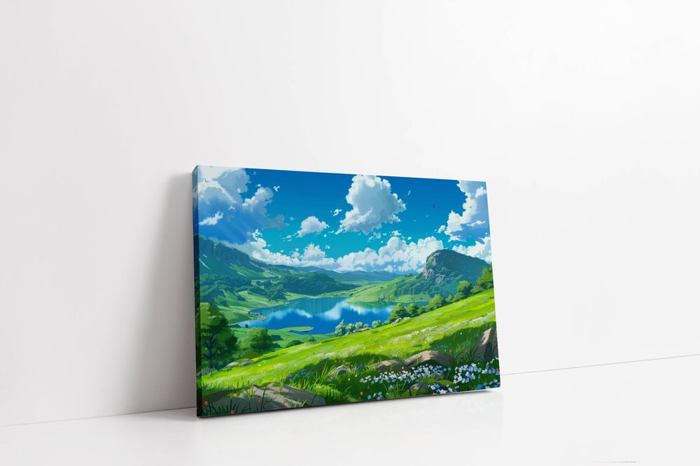 Obraz na płótnie "Łąka nad jeziorem" 80x60 cm - piękno natury w domu