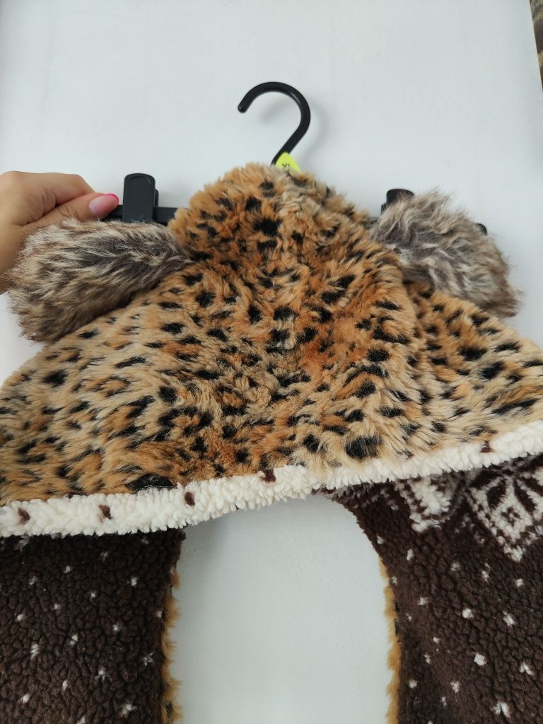 Piękna stylowa czapka z szalikiem czapeczka z uszami pantera leopard