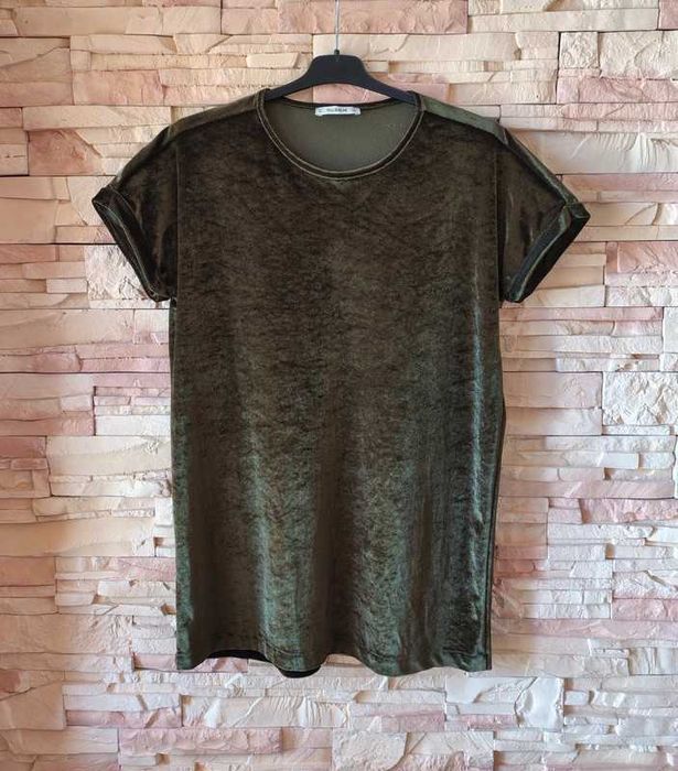 Modna bluzka top t-shirt welurowy khaki oversize must have