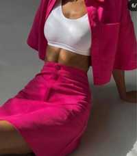 Жіночий костюм рубашка та спідниця рожевий М-Л-С