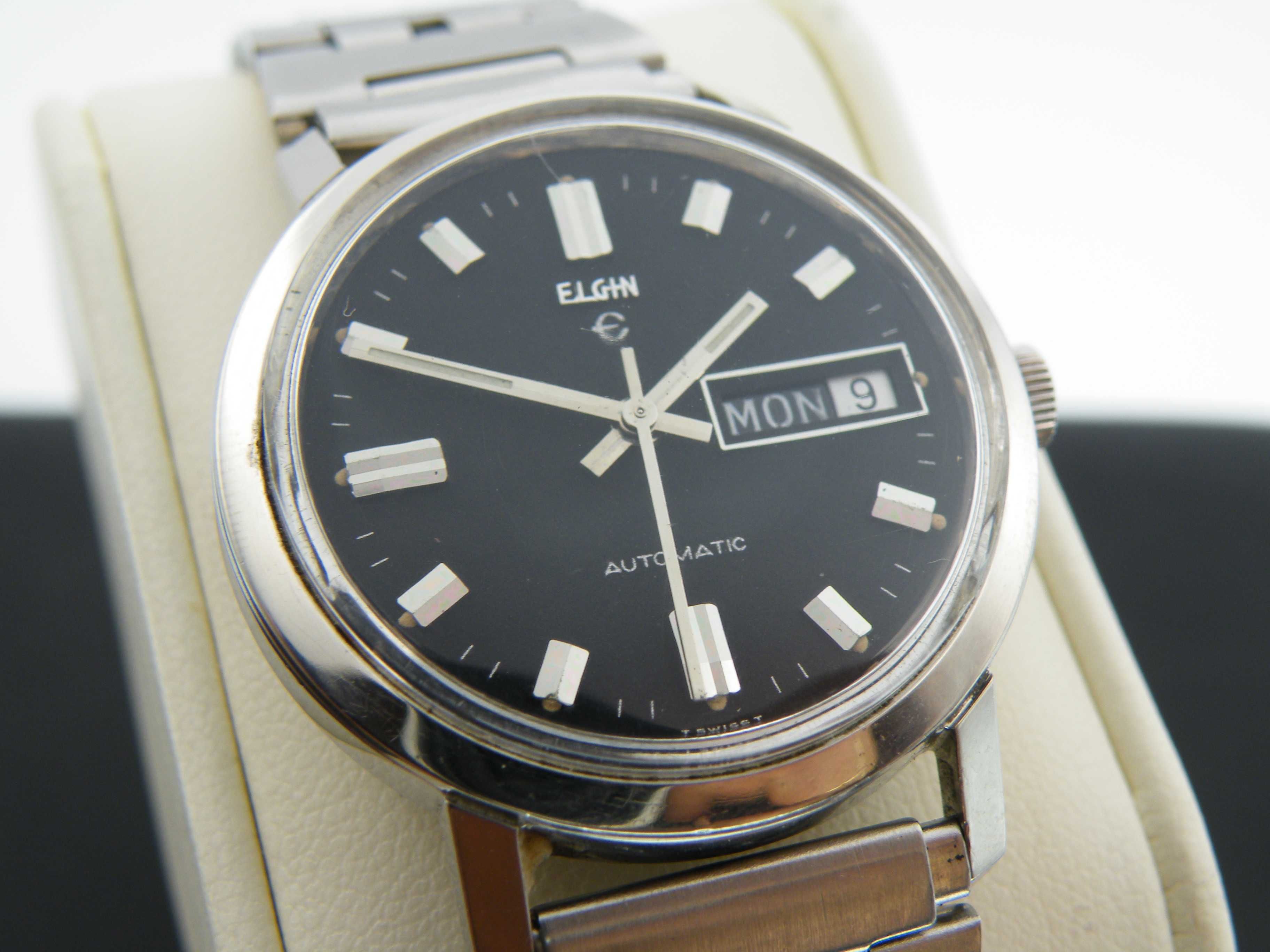 Elgin Automatic Vintage z Czarną Tarczą w Stalowej Kopercie