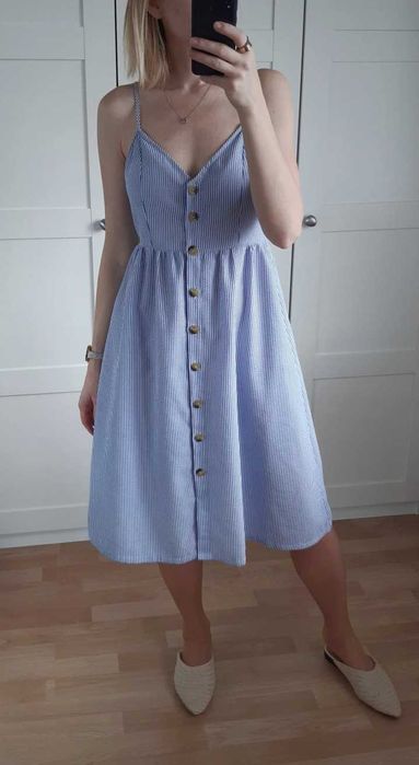 H&M letnia niebieska romantyczna sukienka midi retro  L