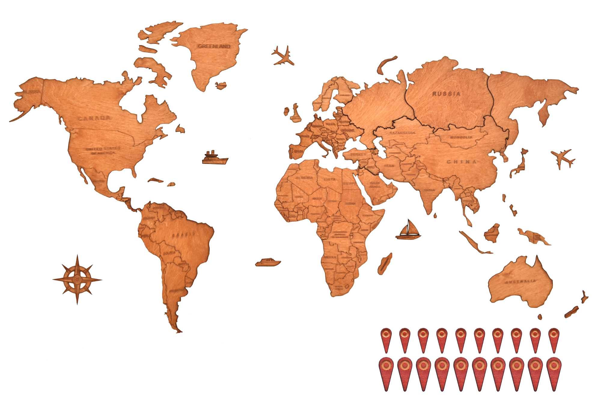Drewniana Mapa Świata PREMIUM 120x70 cm Polskie Nazwy Państw + Pinezki