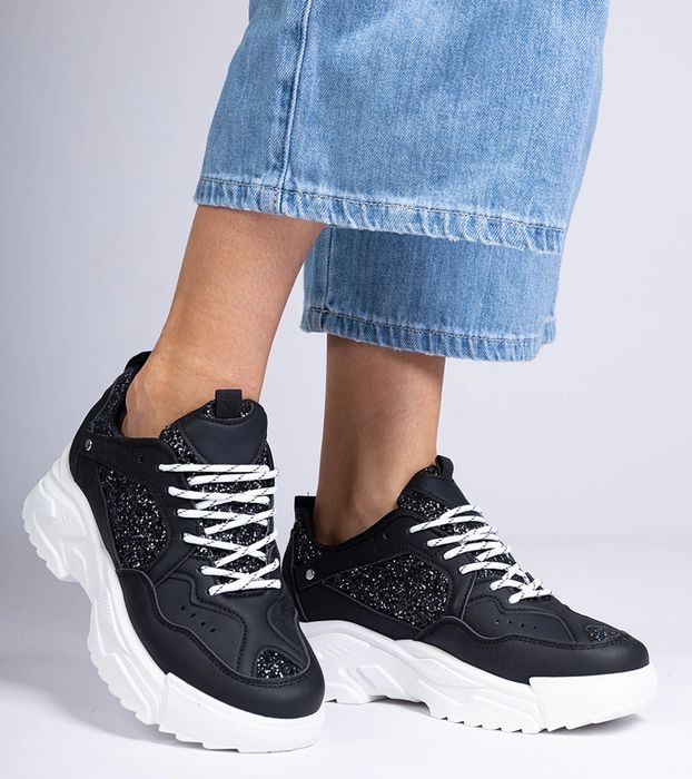 Czarne sneakersy damskie z brokatowymi wstawkami Caraballo