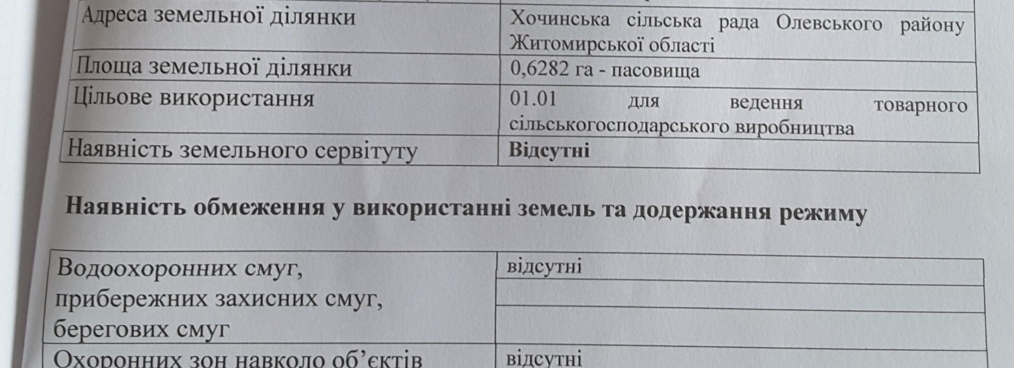 Земельна  ділянка, пасовища, 0,6282 га, с.Хочине, Олевський  район