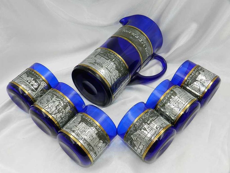 Kobaltowy okuwany zestaw do napojów WARSZAWA Huta Hortensja lata 70-80