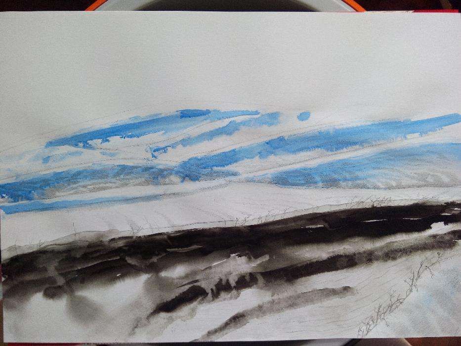 Desenho ilustração original paisagem 29,7 x 42 cm grafite aguarela tin