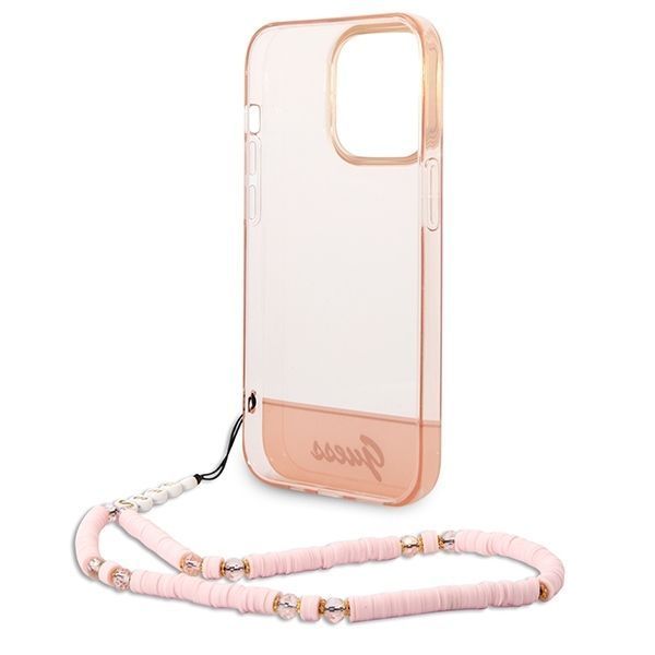 Etui Guess iPhone 14 Pro Max 6,7" Różowe Translucent Pearl Strap