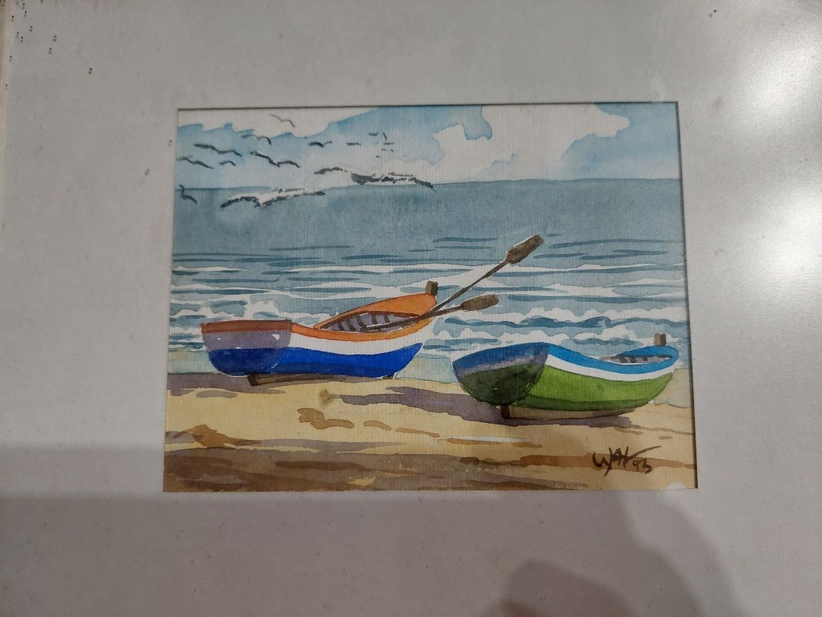 Aguarela barcos com moldura assinada pintura  quadro
