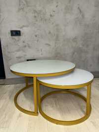 Круглый двойной стол стекоянный с позолоченной фурнитурой