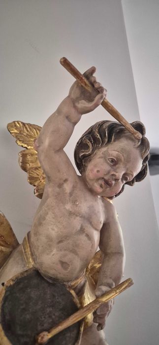 Antyk stara drewniana rzeźba aniołek putto cherubin barok unikat