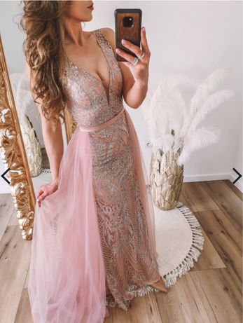 Brokatowa suknia sukienka tiul tren pudrowy roz M/L