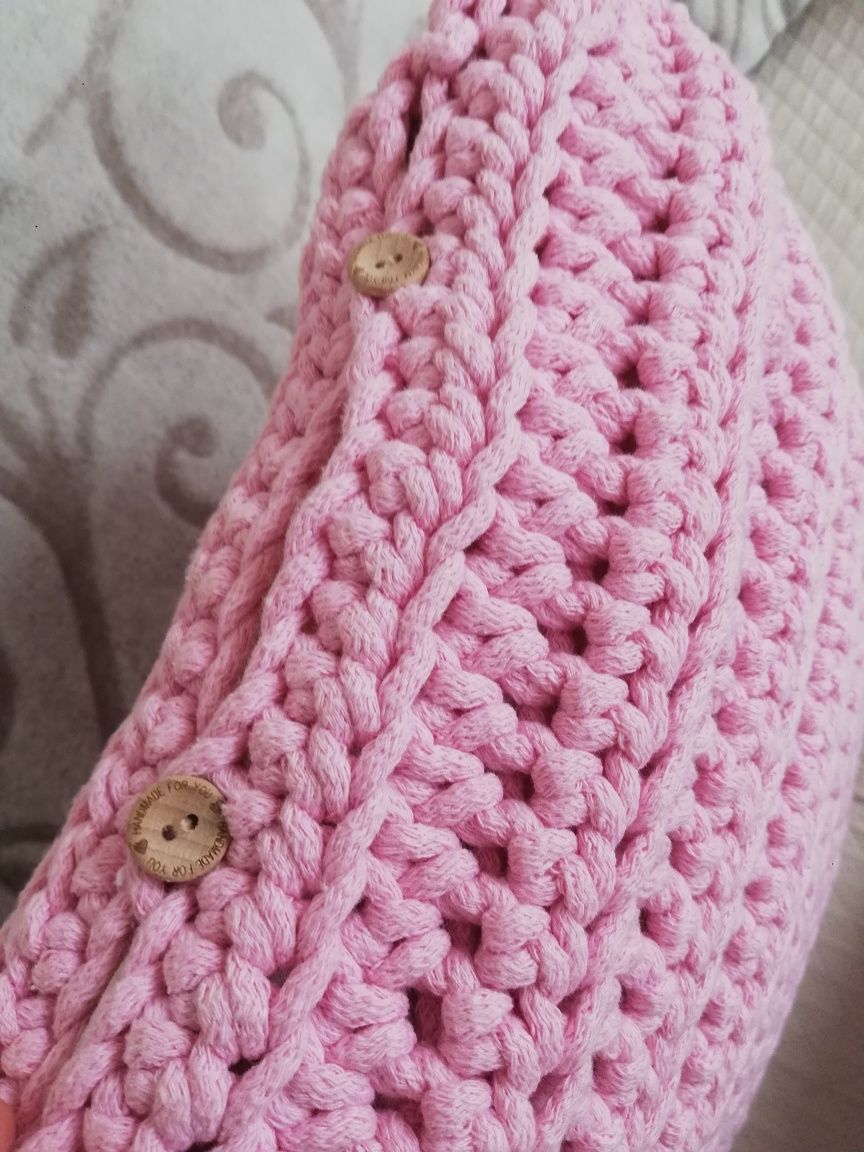 Nowa Poduszka ozdobna różowa handmade dziergan ze sznurka bawełnianego