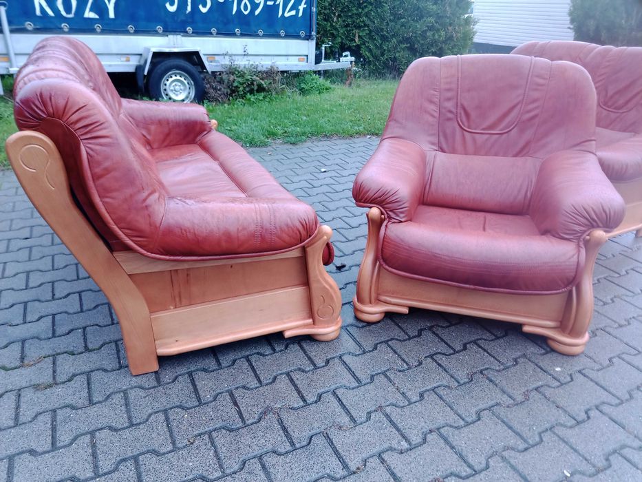 Komplet FLORYDA 3+2+1 i Ława Rozkładana i Podnoszona , Dąb -Skóra Brąz