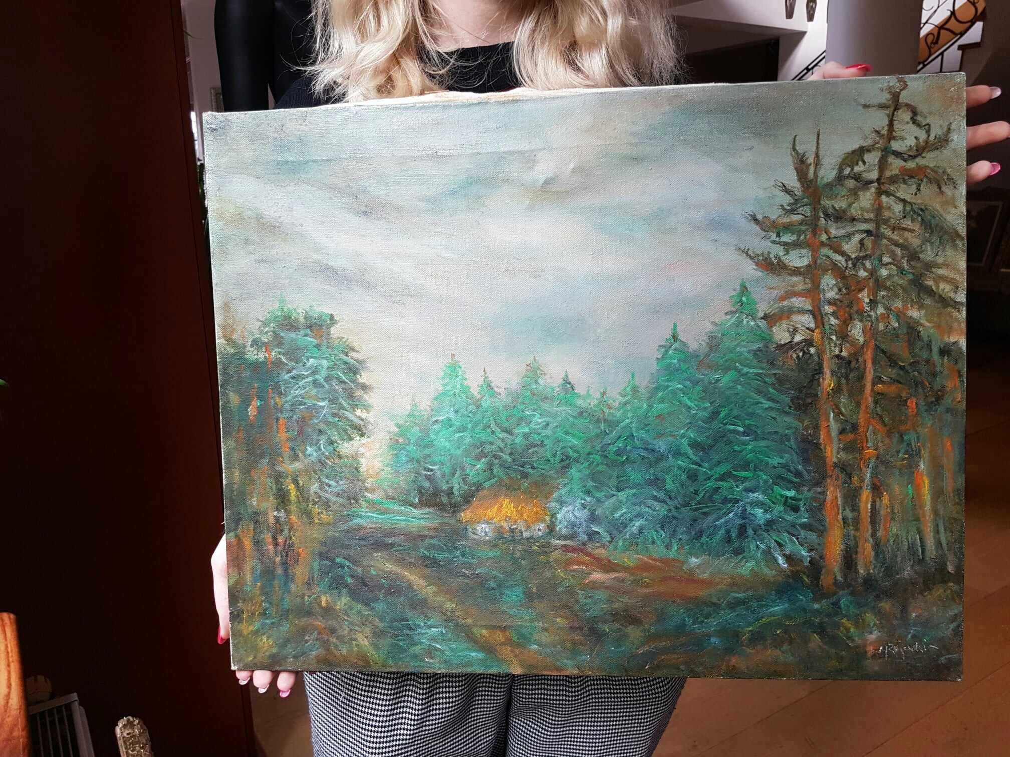 Obraz ręcznie malowany płótno Tajemnicza Chatka w Lesie RAJEWSKI 50x40