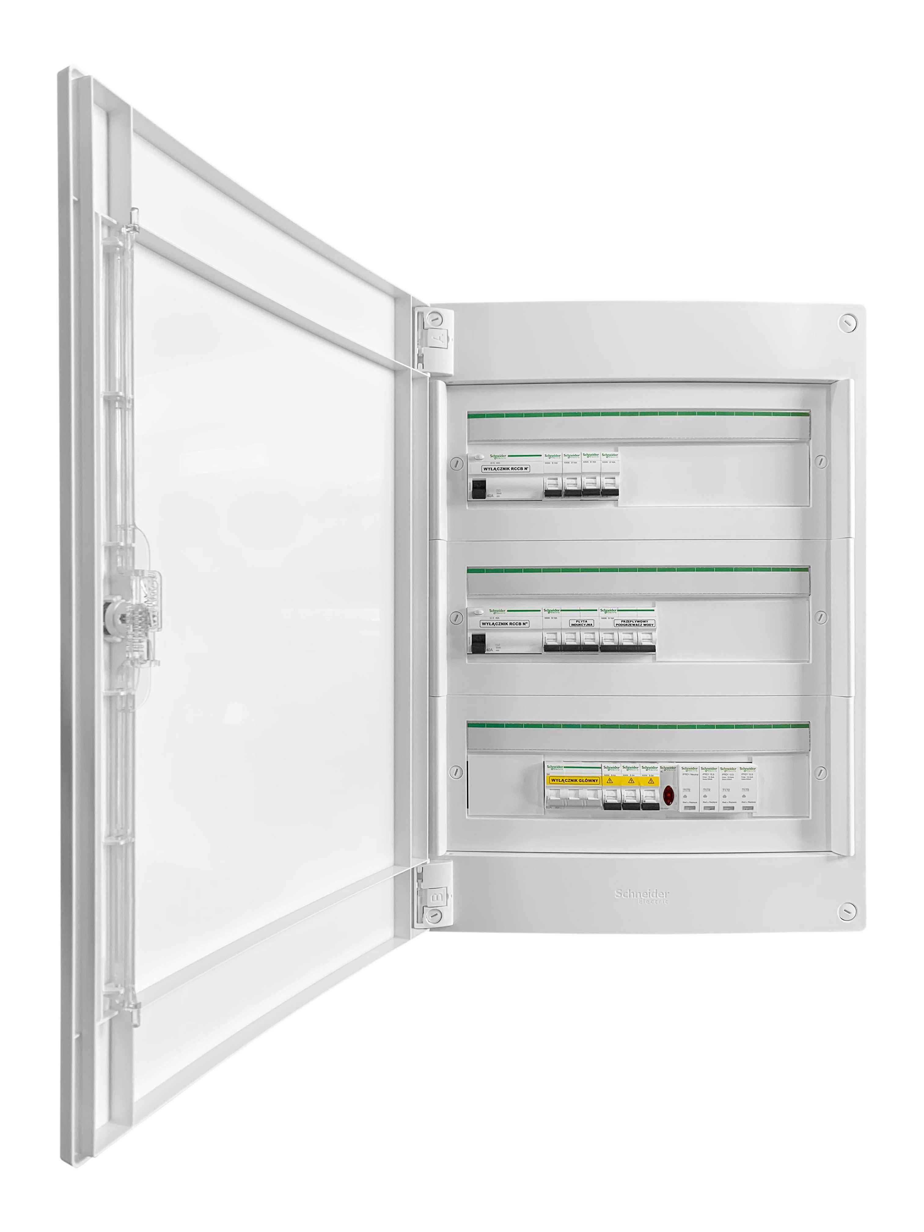 Rozdzielnica elektryczna natynkowa, wyposażona 3x18 modułów Schneider