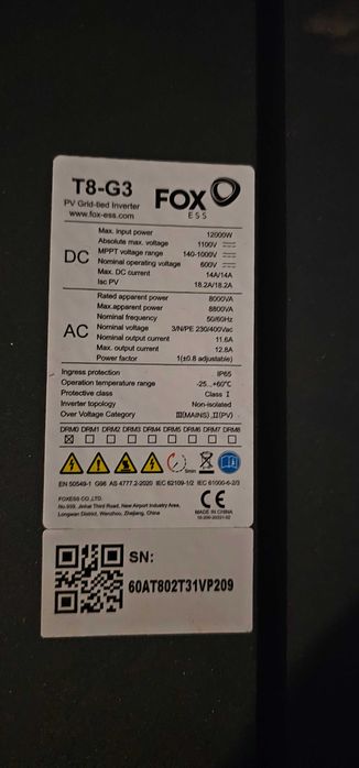 FoxESS T8‑G3 8 kW, 3‑fazowy, domowa instalacja, 10/2023–10/2025