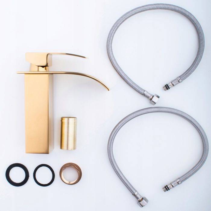 Bateria Umywalkowa Złota Stojąca Kran Kaskada Złoty Do Umywalki Gold