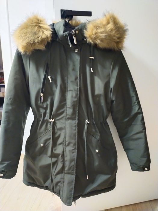 Jesienna zimowa kurtka parka z futrem dwustronna damska L