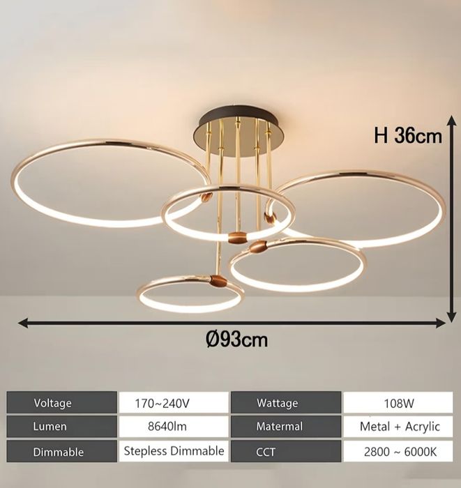 Nowoczesna Lampa Sufitowa LED – Złoty Żyrandol z 5 Pierścieniami